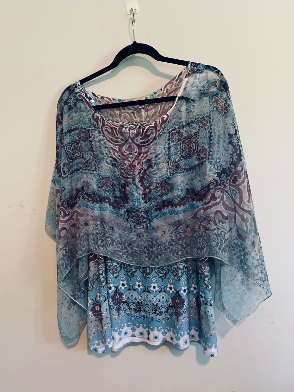 ONE WORLD Turquoise and Brown Boho Sheer Overlay Tunic